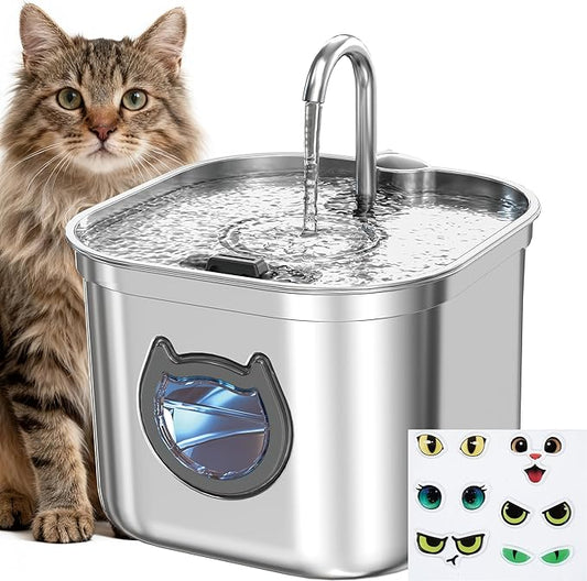 Homtyler Luxury Automatic Cat Water Fountain for Pets, 2.2L/74oz Stainless Steel Dog Water Dispenser with Filter, BPA Free & Silent, Featuring LED Light, Easy Clean & Cat View Window Black