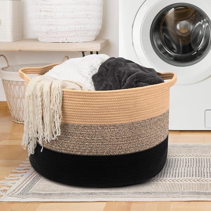 Maliton Woven Rope Blanket Basket Living Room, Storage Basket for Toy, 90L | 22"x14" Cotton Rope Basket. Holds Blankets, Toys & Towels & Laundry. For Bedroom, Nursery, Bath & Playroom. Soft & Durable