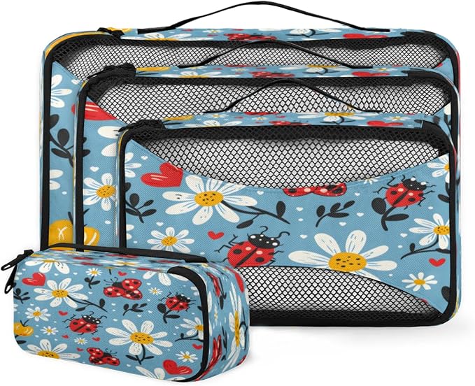 4 Set Packing Cubes for Travel, Ladybugs Florals Packing Cubes for Women, Travel Luggage Packing Organizers, Packing Cube Set, Daisy Flowers