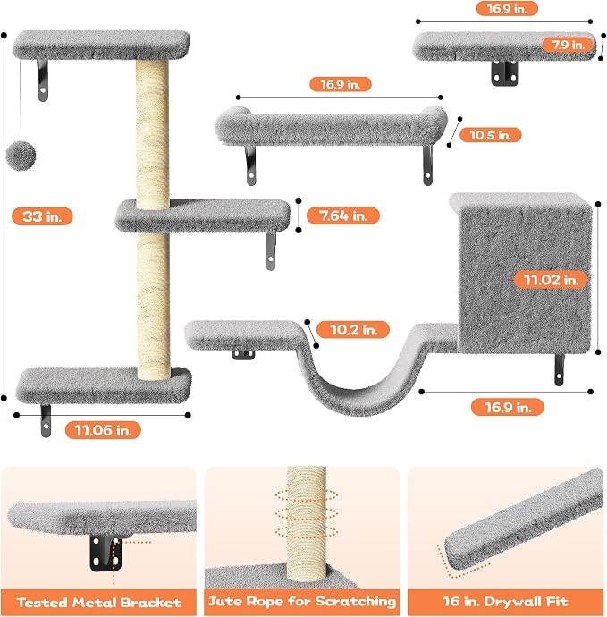 6-in-1 Wall Mounted Cat Climber Set for Heavy Cats,Wall Shelves,Stable & Safe Cat Furniture Set for Large Cats, Wooden Climbing Wall with Scratching Post (Grey)