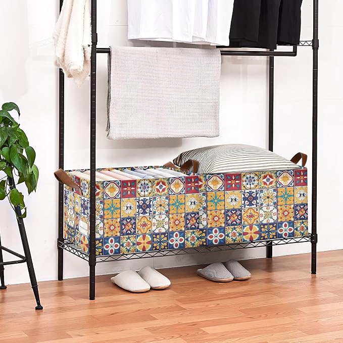 Mexican Spanish Style Colorful Tile Pattern Storage Bins for Shelves with Labels&Handles Fabric Organizer Bin Foldable Rectangle Storage Basket Boxes for Closet, Bathroom, Home, Living Room, 2 Pack