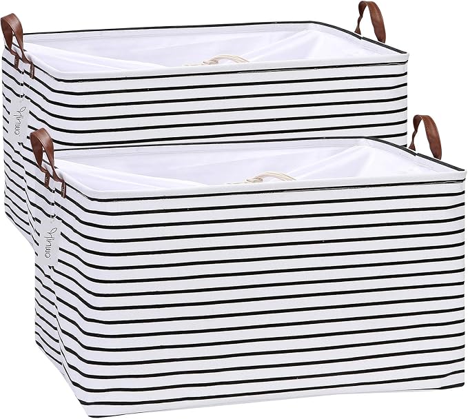 Hinwo 70L Extra Large Canvas Storage Bin with Lid and Handles, 2-Pack | Collapsible Fabric Baskets, Closet Shelf Organizers, Containers for Clothing, Blankets, Toys, Bedding (Black Stripe)