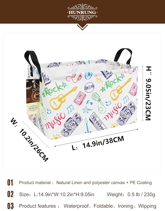 Rectangle Canvas Foldable Storage Basket for Nursery,Musical instrument | Portable and collapsible cloth receptacle. Stores pet essentials, daily use items