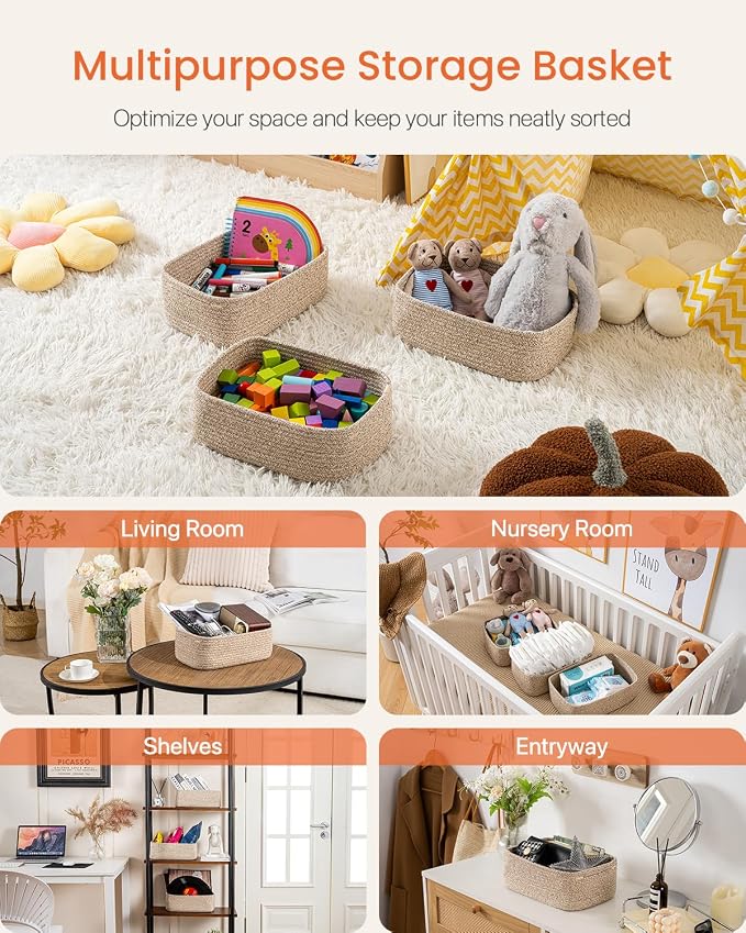 KALLAX Small Woven Storage Basket for Organizing, 12 x 8 x 4.5 inch, 3 Pack | Shelf baskets for closet organization, toy storage and home decor, Perfect as empty gift baskets for holidays, Mixed Brown