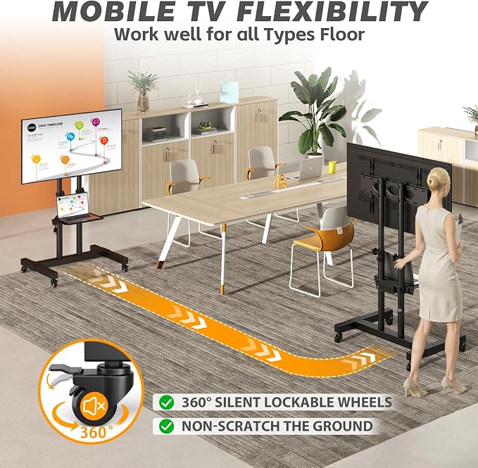 Heavy Duty Rolling TV Stand with Power Outlet for 32-83 Inch TVs | Height Adjustable Mobile TV Cart on Wheels Holds up to 110 lbs, Outdoor TV Stand Trolley, Max VESA 600x400mm