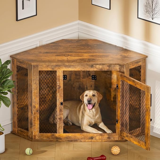 52" Corner Dog Crate Furniture, Wooden Dog Kennel Indoor | Corner Dog Kennel Furniture for Medium-Large Dogs, Brown Space-Saving Decorative Indoor Pet House with Mesh Door & Lock
