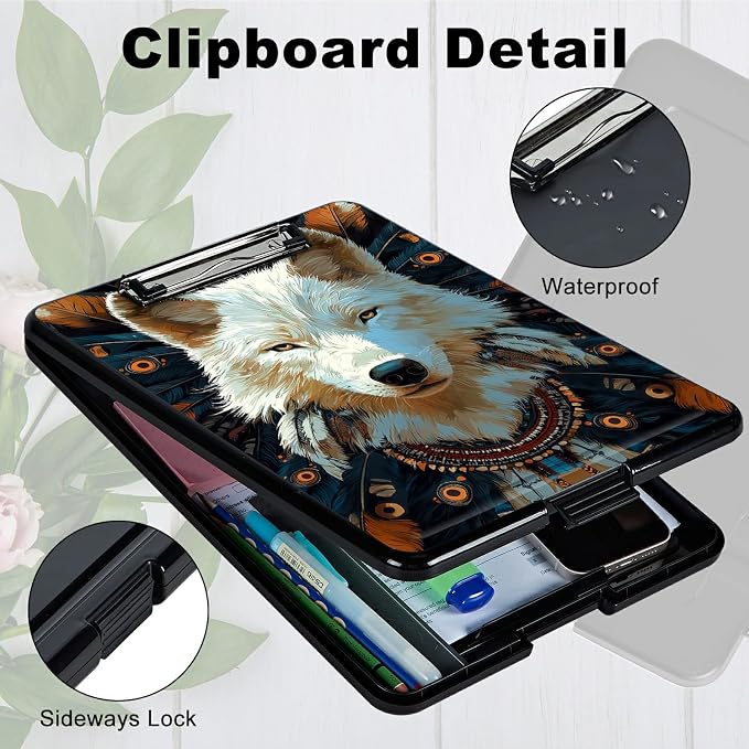 Heavy Duty Storage Clipboard, Slim Nursing Clipboard with Internal Pen Case, Portable File Organizer Case for A4 Letter Size Paper Office Medical Professionals, Feathers White Wolf
