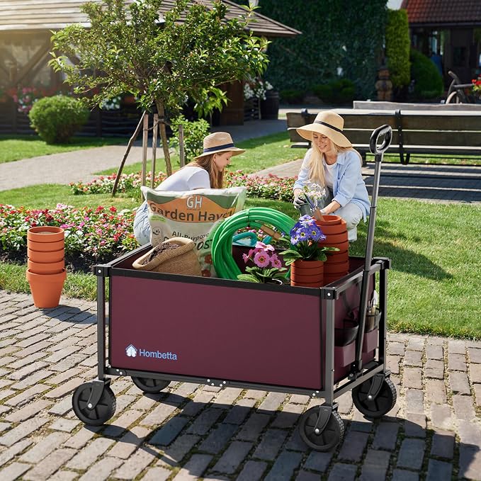 29.3" Collapsible Wagon Cart, 150L Heavy Duty Folding Utility Wagon with Wheels, 260 lbs Load, Portable Rolling Cart for Garden, Shopping, Sports, Camping, WineRed
