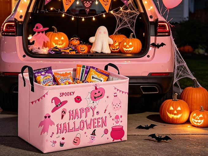 Sanjiaofeng Rectangular Pink Halloween Ghost Storage Basket,Waterproof Foldable Storage Baskets,Trick or Treat Halloween Basket,Halloweens‌ Party Candy Gift Baskets(Pink Ghost)