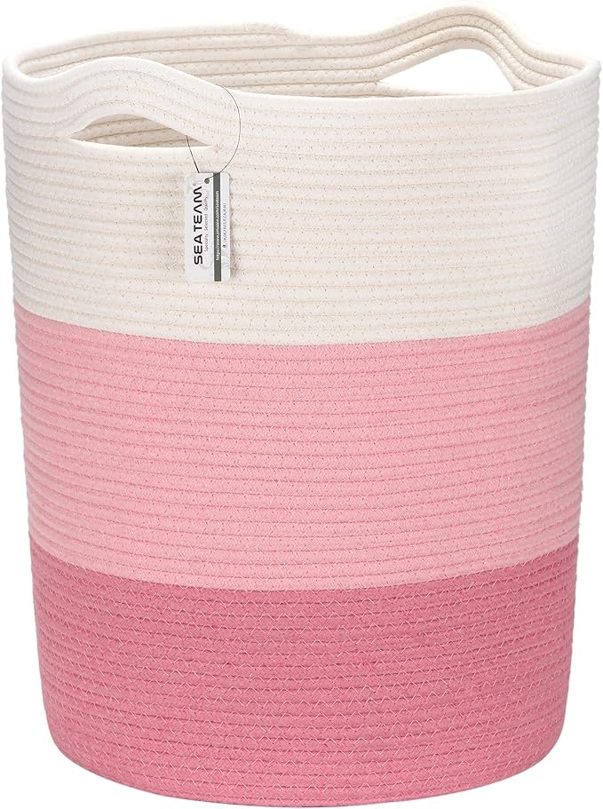 Sea Team Large Woven Cotton Rope Laundry Basket with Handles, 20 x 14 in | Collapsible Knitted Hamper, Closet Shelf Organizers, Containers for Clothing, Blankets, Toys, Bedding, Pink