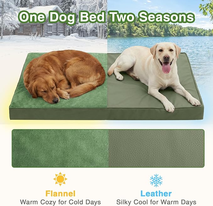 XXL Dog Bed Waterproof Washable Outdoor, Large Foam Crate Pad 48" Green | Jumbo Pet Bed, Reversible Wipeable Faux Leather & Soft Flannel, Durable Removable Cover, Anti-Slip Kennel Pad 47"x29"