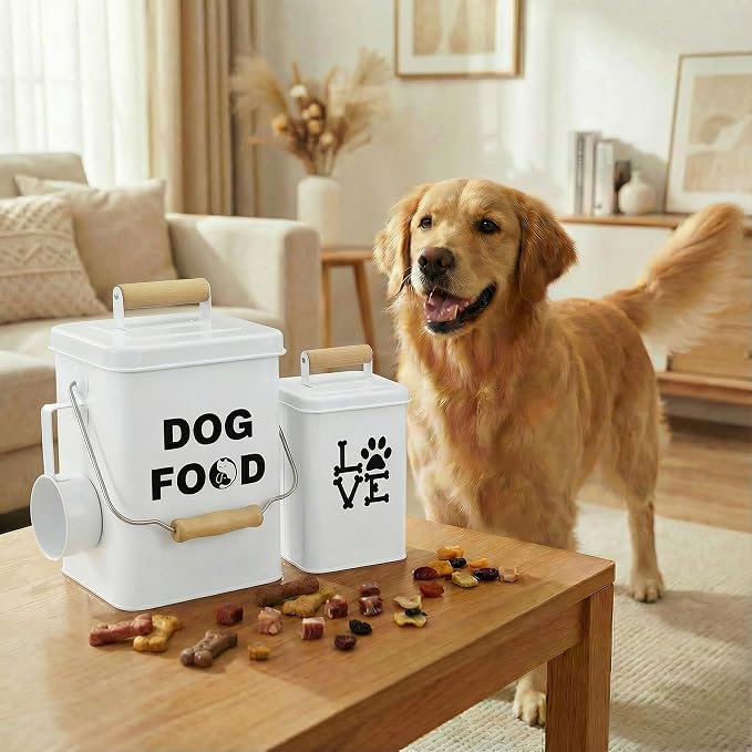 Dog Food Storage Container Set of 2 Dog Treat Container with Airtight Lids Dog Treat Jar with Scoop Metal Dog Food Holder with Wooden Handles for Kitchen Counter and Pantry Home Decor - Beige