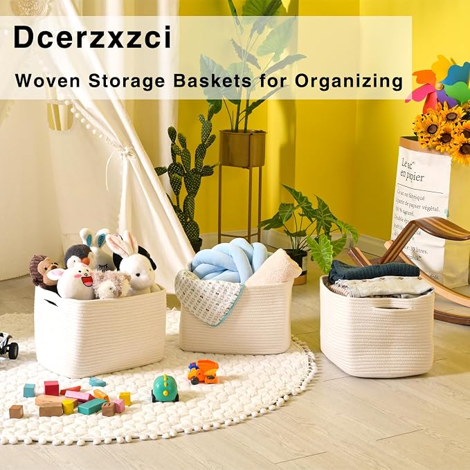 White Storage Baskets for Organizing Shelves, Woven Cotton Rope Basket for Storage, Basket for Toys Clothes Books Shoes, Organization Baskets, 14.8"×11"×9.5", Pack of 3, Off White