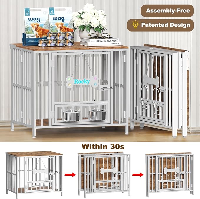 Easycom 27" Foldable Dog Crate Furniture, No Assembly, White & Beech | Decorative Wooden Dog Kennel Indoor With Adjustable Bowls and Name Tag, Small Dogs (Under 20 lbs), End Table