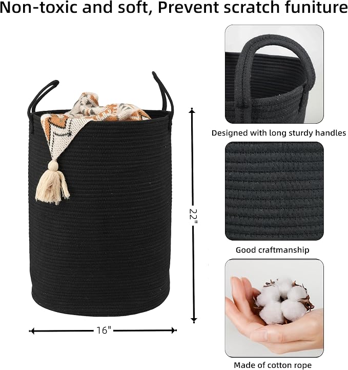 Woven Cotton Rope Laundry Basket Hamper 16" x 22" Large Black | Rope storage basket for dirty clothes, toys and blankets. Perfect for bathroom, baby nursery and living room storage.