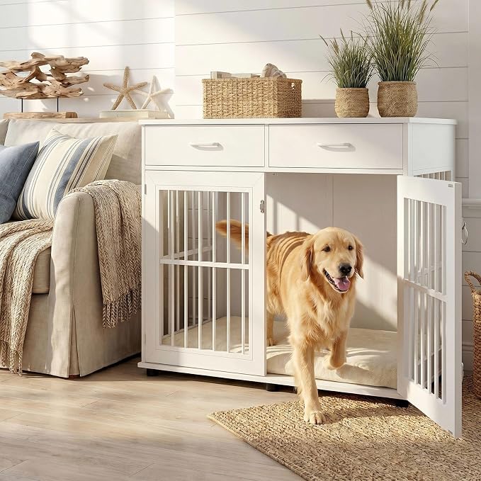 VOWNER 43.3" Large Dog Crate Furniture with 2 Drawers, White | Wooden Dog Kennel Furniture End Table with 3 Doors, XL Dog Kennel Indoor with Storage, Dog Cage TV Stand for Large Medium Dog
