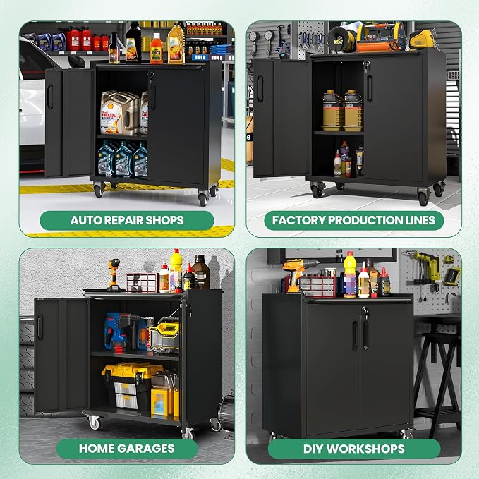 Garage Cabinets,Metal Garage Storage Cabinet with Wheels,Black Lockable Rolling Tool Cabinet with Drawer and Adjustable Shelves,Heavy Duty Tool Chest for Home Office Utility Room