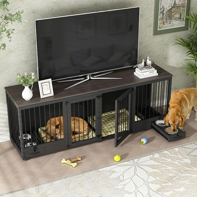 86.6" Large Furniture Style Dog Crate for 2 Dogs, Black | Heavy Duty Wooden Dog Kennel with Dog Bowl Drawers & Divider, Indoor Dog kennel House TV Stand for Large Medium Dogs
