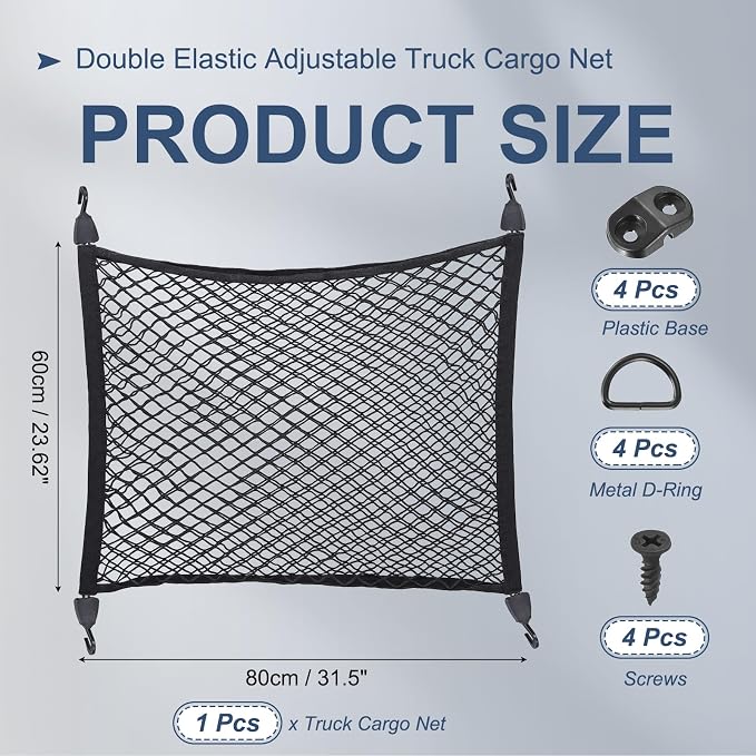 PATIKIL Truck Cargo Net, (31.5 x 23.6 Inch, Black) with Base and D-Ring | Double Elastic Adjustable Trunk Bed Net Stretchable Mesh Storage Organizer Heavy Duty for Pickup Trucks SUV Cars