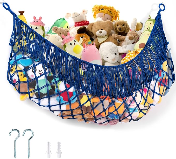 Stuffed Animal Hammock - Extra Large 63'' Long (Sapphire blue) | Premium Cotton Hand-knitted, Beautiful Long Tassel, Storage Hanging Organizer, Can Fit Stuffed Animals 40 Piece or More