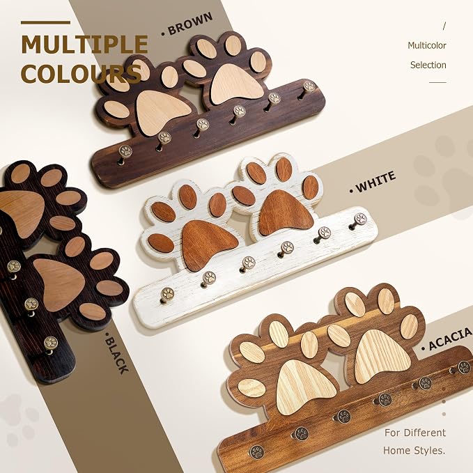 MTERSN Acacia Wood Cute Dog Leash Holder for Wall for Pet Organizer, Brown | Acacia Wood, Unique 3D Pet Claw Hooks, Key Holder Wall Mount with 6 Hooks, Farmhouse Home Decor for Entryway & Apartment
