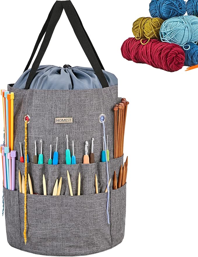 HOMEST Crochet Bag Organizer for Yarn Storage, and Knitting Accessories | Customized front compartment, 6 oversized grommets and drawstring closure for hooks, needles and projects, Grey