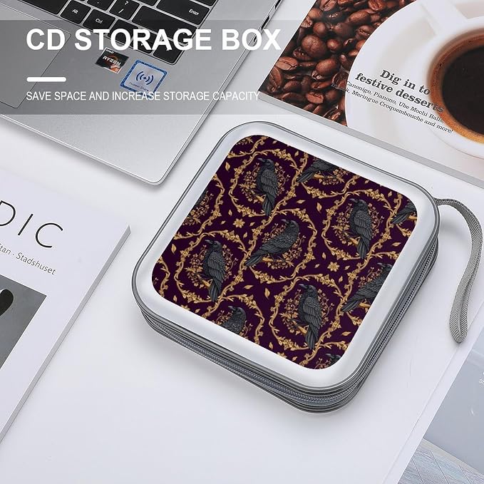 Portable 40-Capacity DVD Storage Binder Goth Gothic Raven Purple, Hard Case CD Holder with Zipper, Organizer for Music Movies Game Discs