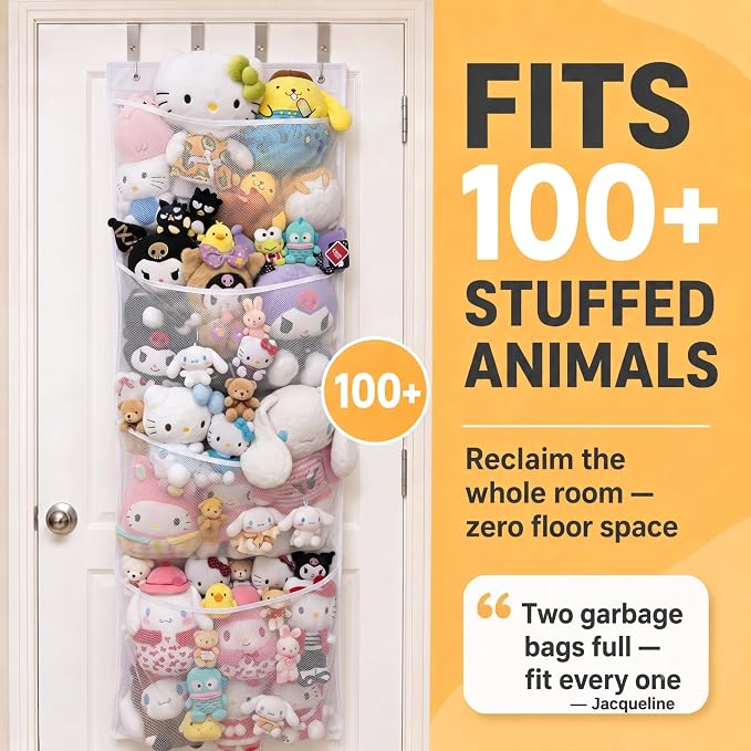 Honeyera The Original Stuffed Animal Storage (Patented) - Over Door Organizer for Stuffies, Baby Ideas Holder, Toy Plush Hammock Hanging Net Big Girls Toddler Large Bag Animals Stuffy Behind