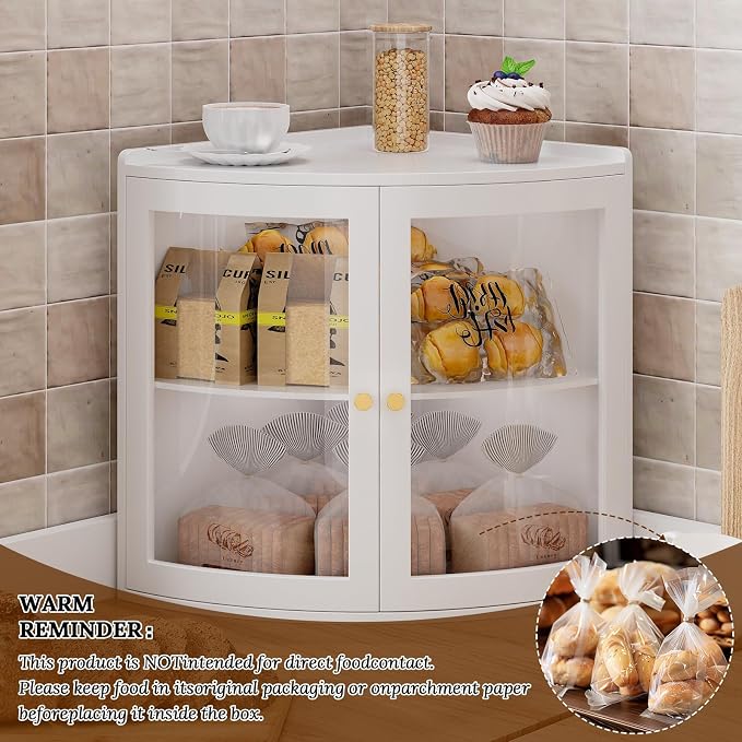 Trironsun Fan Shape Corner Bread Box for Kitchen Counter Double Layer Large Bread Storage Container with Acrylic Doors Farmhouse Wooden Bread Box Organizer for Homemade Bread (White)