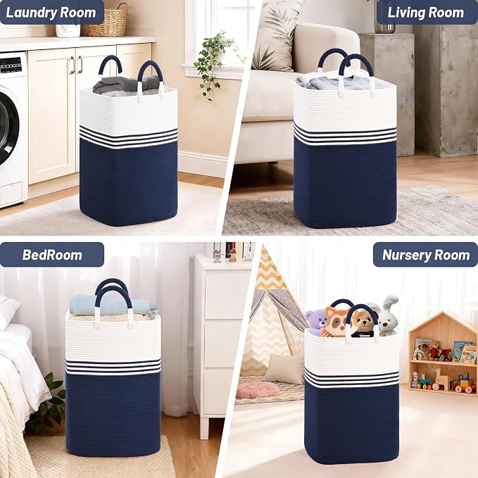 Laundry Basket Hamper,Blanket Storage,Dirty Clothes Hamper with Swivel Handles,Woven Cotton Rope Toy Baskets,Blanket Basket Living Room,Decorative Hampers for Nursery,Bedroom,White & Blue,60L
