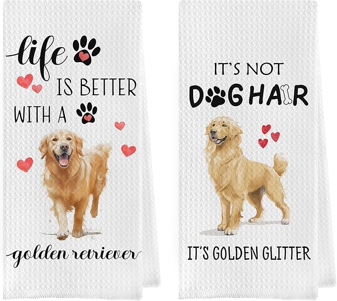 Gqtt Golden Retriever Dish Towels Set - Golden Retriever Gifts Waffle Weave Kitchen Towels, Decorative Hand Tea Towels for Kitchen Bathroom (1624 Inches Set of 2)