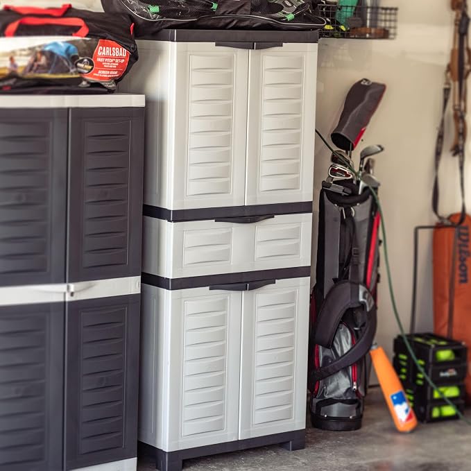 Sunnydaze 57" Garage Storage Cabinet with Doors & Shelves, Gray | Heavy Duty Resin Storage Cabinet Resists Rust & Peeling, Utility Cabinet with Drawer & Anti-Tip Kit for Laundry, Office