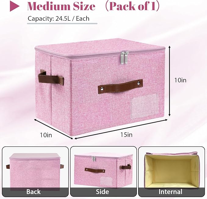 ANMINY Storage Box Fabric Bins with Zipper Lid, 15"x10"x10" Pink 3PCS | Keepsake Box, Decorative, Cotton Linen, Reinforced PP Board Frame, Washable, Stackable & Foldable, Label Holder & PU Handles