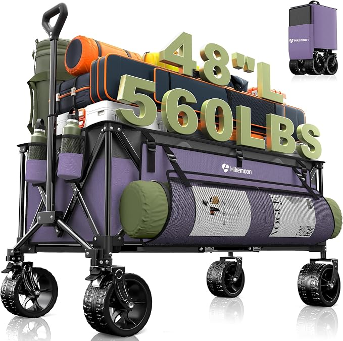 48'' Extra Large Collapsible Wagon with Big Wheels, 300L Purple | 560LBS Heavy Duty, Wagons Carts Foldable, All-Terrain, Brakes, Folding Cart, Utility for Beach/Camping/Garden/Sports/Grocery