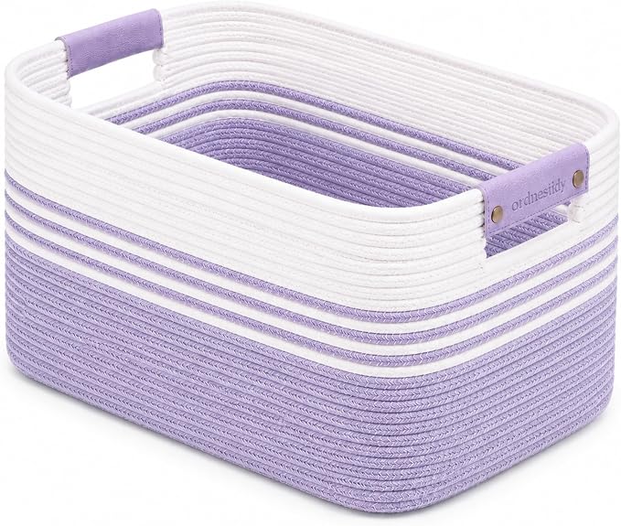 25.4GAL Collapsible Cotton Rope Extra Large Storage Basket For Bedroom Closet, Boho Rectangular Short Hamper Woven Storage Baskets for Living Room Throw Pillows Blankets Dirty Clothes, White Purple