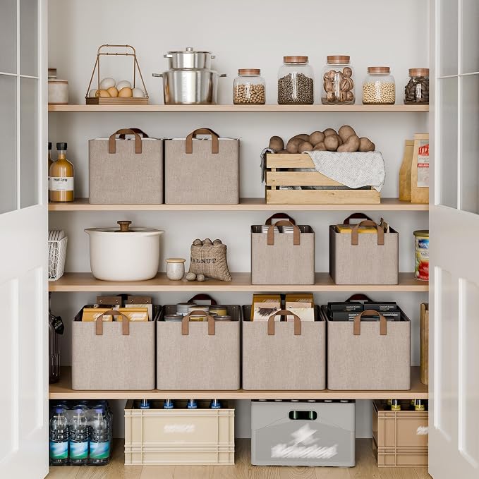 StorageWorks Large Fabric Storage Bins, Brown and Beige, 2-Pack | With Reinforced PU Handles, Metal Frame, Collapsible, Storage Basket for Shelves, Closet, Holds Clothes, Towels, Blankets