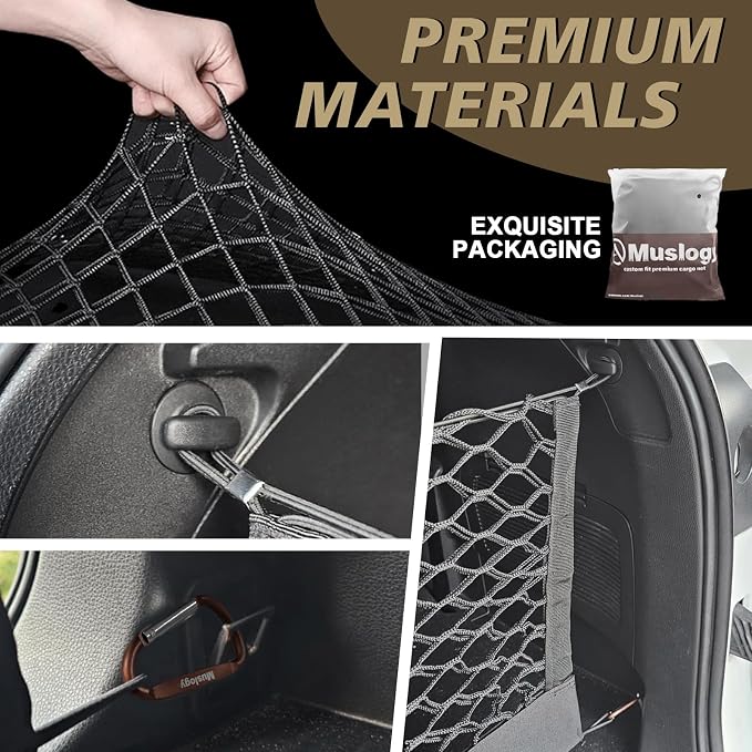 Muslogy Cargo Net for 2014-2025 2026 Toyota Highlander Accessories | Custom Fit, Trunk Storage Organizer Net for SUV Sedan Van Divider, with Heavy Duty Carabiners, Night Visible Grab Handle