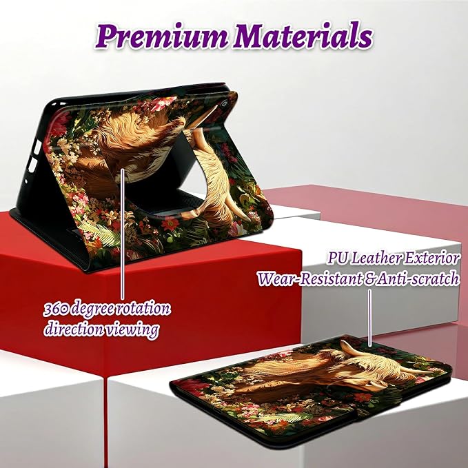 Rotating Handle Case for Samsung Galaxy Tab A11 2026/A9 2024 8.7 Inch, 360 Degree Swivel Kickstand with Magnetic Closure Leather Protective Cover for Women Men, Grass Grass Field Cow