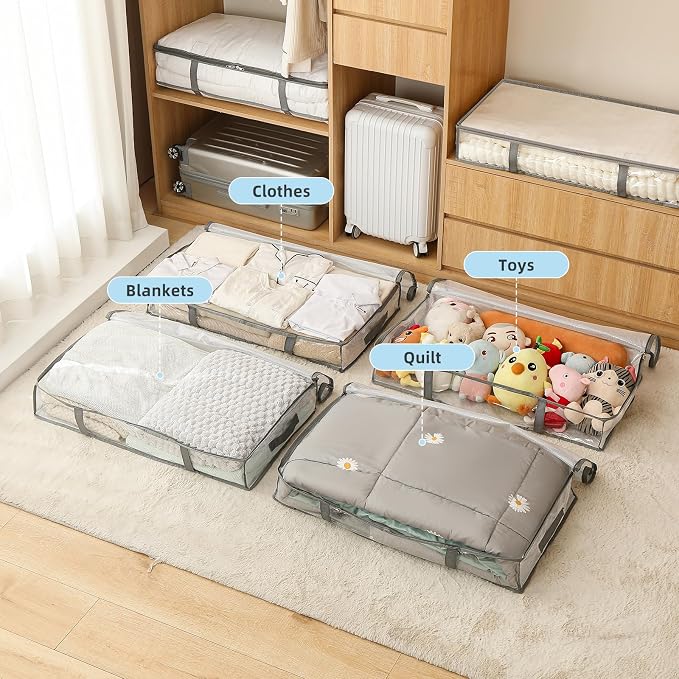 6 Pack Under Bed Storage Containers, Waterproof Material Plastic Underbed Storage Bins, Blanket/Clothes Storage Bags with Lid, Bedding Comforter/Sheet/Closet Organizer and Storage