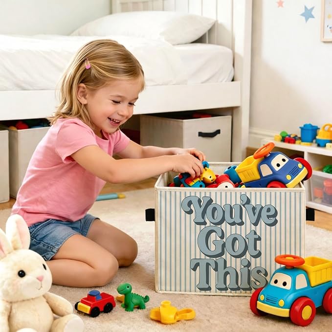 You’ve Got This Storage Bin, Blue White Stripe Fabric Basket | Motivational foldable fabric organizer for nursery, bedroom, classroom, toys, books, and clothes