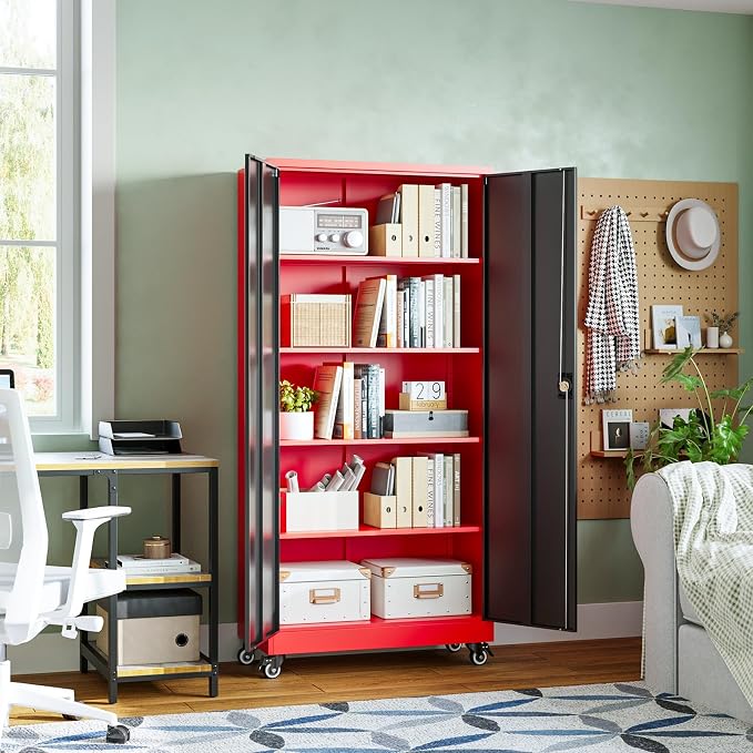 Metal Garage Storage Cabinets with Lock Door and Adjustable Shelves, Steel Tool Cabinets for Home,Office,Warehouse Organisieren (Black Red, 75" H)