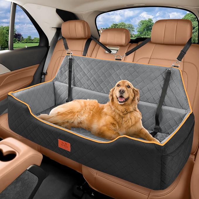 XIEEAOZEE Large Dog Car Seat for Pets Under 100 lbs, Backseat Dog Car Bed | Washable Pet Booster Seat for 2 Medium Dogs, Pet Travel Seat with Storage Pockets, Safety Belts