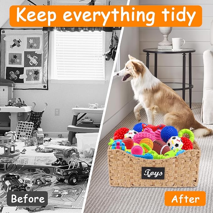 Dog Toy Basket Metal Wire Woven Dog Toy Storage Organizer, Foldable Storage Bin with Label, Decorative Pet Basket for Living Room,Bedroom,Playroom and Home Organization, Pet Owners and Families