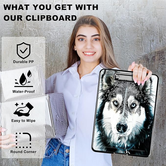 Heavy Duty Storage Clipboard, Slim Nursing Clipboard with Internal Pen Case, Portable File Organizer Case for A4 Letter Size Paper Office Medical Professionals, Huskies in Snow