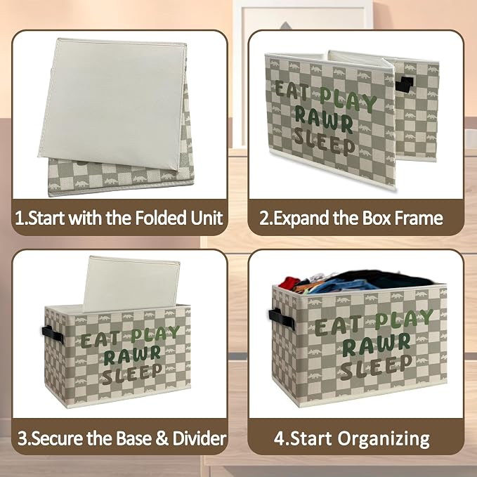 Dinosaur Nursery Cube Storage Bins with Handles, Eat Play Rawr Sleep Playroom Collapsible Fabric Storage Basket Boxes Books Clothes Organizer for Kids Toddler Boys Room Bedroom Bathroom