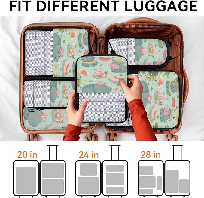Hippopotamus Compression Packing Cubes Tropical Theme 6 Set Travel Packing Cubes for Suitcases Lightweight Expandable Organizers