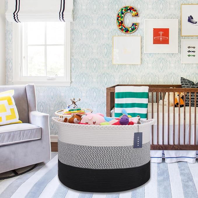 COMSE XXXLarge Woven Blanket & Laundry Basket, 87L, White &Gray &Black | 21.7"x 13.8", Cotton Rope, Nursery Hamper for Storage of Toys, Clothes & Towels, Ideal for Living Rooms, Bedrooms & Bathrooms