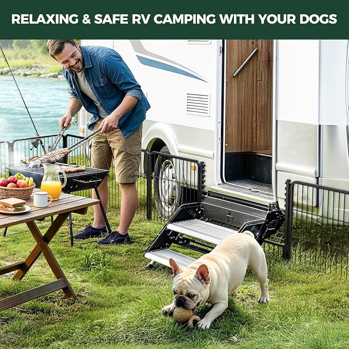 FXW Rollick Dog Playpen with RV Step Grid for RV Camping, 24" H, 16 Panels | Easy Setup & Sturdy, Blocks RV Stair Gaps, Fits RV Steps up to 30"W, For Puppies & Small Dogs, Patented