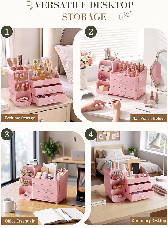 Pink Makeup Organizer with Drawer for Bathroom Countertop Dresser Desk | Large Capacity Make up Organizers for Vanity Counter, Easy To Storage Skincare, Perfume, Brushes, Psticks, Eyeshadow,Palettes
