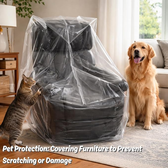 Wowfit 4mil Furniture Cover for Moving, Chair Storage Bag, 34Wx42Dx65/48H | With Tape Strips & Labels, Clear, Heavy Duty, Waterproof, Dustproof, Reusable, Recliner/Accent Chair, Patio/Garage, Pet Guard